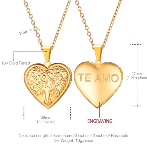 U7 Women Locket Necklace Platinum 14K Gold Photo Lockets that Hold Picture,Chain 20 Inch Personalized Gift Custom Love Heart Image Necklaces - color: 04# Gold(Tree of Life)