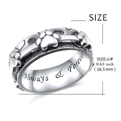 Ladytree Spinner Fidget Ring Sterling Silver Thumb Band for Women Anxiety Ring Platinum Plated Worry Stress Relief Just Breathe Boredom ADHD Autism Rings Boho Jewelry Gift - color: K-wide band oxidized pet paw