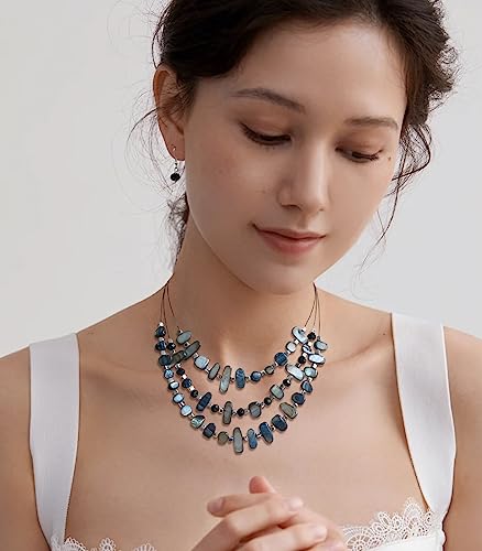 3 Layered Chunky Statement Necklace for Women Beaded Strand Necklaces with Earring Fashion Costumes Collar Necklace Jewelry Sets Gifts for Women - color: 50-Black