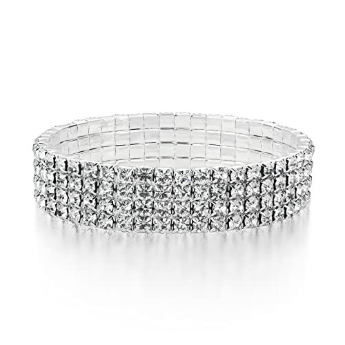 Zealmer Sparkle Multicolor Rhinestone Stackable Stretch Bracelets for Women - color: 4 Row Silver Bracelet