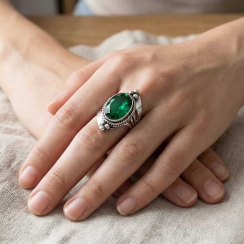 Handmade 925 Sterling Silver Plated Ring Natural Gemstone Carnelian, Rose Quartz, Tiger Eye, Crystal Oval Boho Jewelry For Women - color: Emerald Simulated