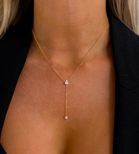 Gold Necklace for Women - Dainty Long Lariat Necklace 14K Gold Plated Clover Star Teardrop CZ Y Shaped Drop Necklaces Cute Long Necklaces for Women Trendy Prom Formal Womens Jewelry - color: Gold-LX Drop