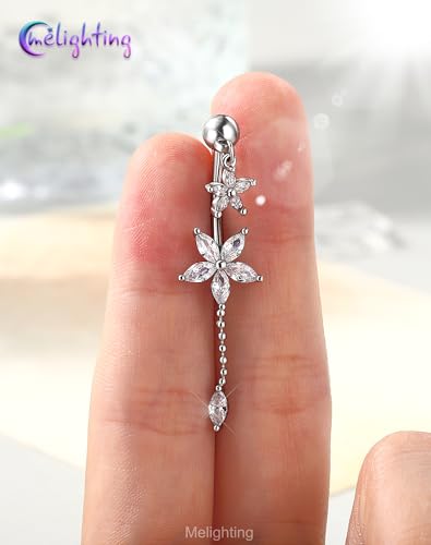 Melighting 14G Lotus Belly Button Ring, Dangle Belly Ring Surgical Steel 316L, Reverse Navel Piercing Jewelry, 10 mm Silver Flower Body Jewellery for Women - style: Lotus