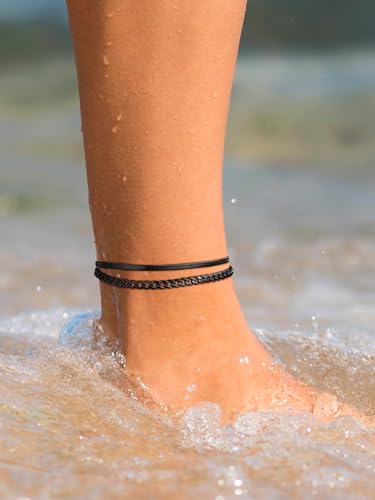 FindChic Black/Silver/Gold Plated Anklets Set of 2PCS/3PCS Herringbone Chain Cuban Link Heart Charm Sparkling Tennis Ankle Bracelets, Waterproof Summer Foot Jewelry for Beach - color: 03. Black-2PCS Cuban & Herringbone