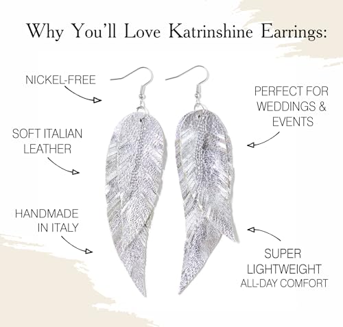 Black shiny Leather Feather Earrings for Women, Lightweight Minimal Boho Dangle Earrings, Small Simple Everyday Jewelry - color: Silver metallic