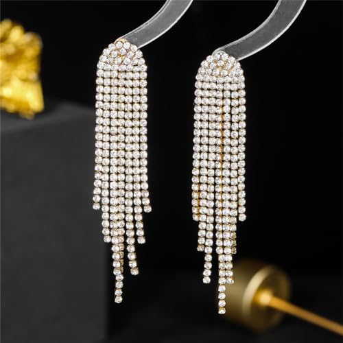 Rhinestone Tassel Earrings Sparkly Long Fringe Crystal Chandelier Dangle Drop Earrings Wedding Party Prom Earrings Premium Iridescent Earrings Wedding Party Jewelry Gifts for Women - color: Gold1