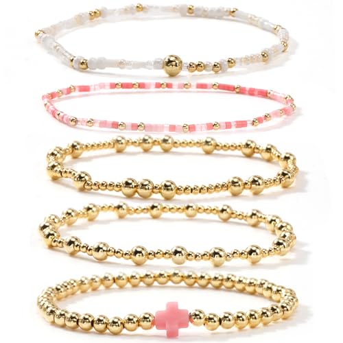 14K Gold Plated Beaded Bracelets Stack Set for Women,Stretch Boho Colorful Beads Ball Jewelry Friendship Summer Trendy - color: Pink cross