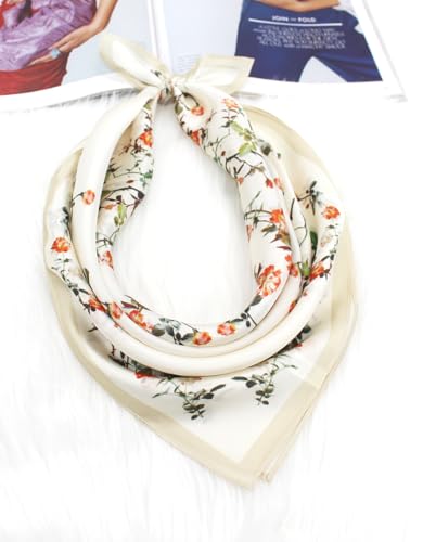 ANDANTINO 100% Mulberry Silk Scarf -21” Square Neckerchief with Gift Packed - color: Flowers-white