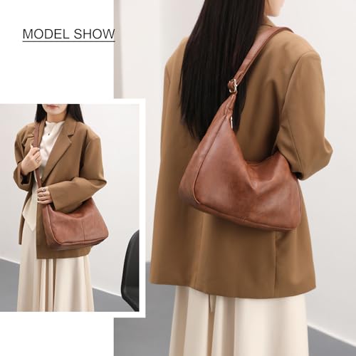 Hobo Bags for Women Foldable Vegan Leather Shoulder Handbag Slouchy Tote Crossbody Purses - color: Brown
