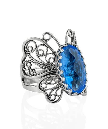 Filigranist Sterling Silver Filigree Art Butterfly Women Cocktail Ring with Gemstones - color: Blue Quartz