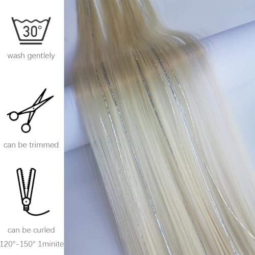 12pcs Clip in Blonde Hair Extensions, 22 Inch Colored Hair Extensions with Rainbow Tinsels, Holiday Party Highlights - color: Blonde