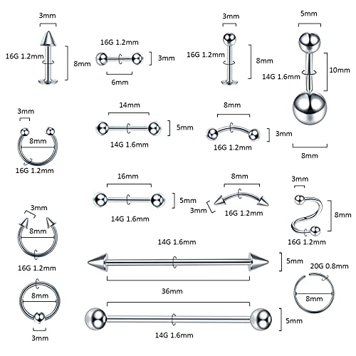 Oveta 150-151PCS Body Piercing Jewelry Lot 14G 16G 20G Stainless Steel Nose Lip Tongue Cartilage Tragus Eyebrow Industrial Barbell Belly Button Rings Piercing Kit Jewelry - style: 150pcs-Mixed Color