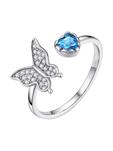 Bestyle 925 Sterling Silver Butterfly Ring Hypoallergnic Adjustable Birthstone Rings for Women Butterfly Jewelry Gifts for Anniversary Mothers' Day Birthday - color: 12.December (Blue Topaz)