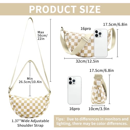 Nylon Crescent Crossbody Bag for Women Purses Trendy Men,Small Travel Sling Bag Hobo - color: Checkered-brown, size: Small