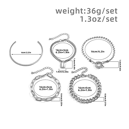 Boho Fashion Dainty Boho Gold Silver Chain Stackable Lock Bracelets Set for Women Adjustable Beaded Chunky Flat Cable Chain Punk Bracelets Jewelry for Women Gift Set of 5 - color: Silver