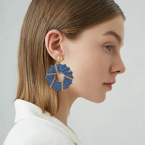 Coiris Bohemian Statement Dangle Earrings for Women Denim Leather Shells Pearl Polygonal Leaf Circle Drop Earrings for Women - style: Denim Chain