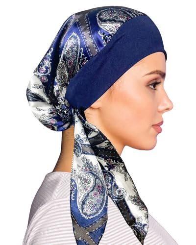 Chemo Headwear for Women Head Scarf Headwraps Silky Soft Turbans for Women Cancer Hats Chemo Beanie Coverings Scarves - color: C Blue Floral Pattern 3