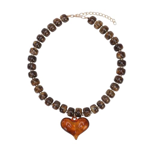 Chunky Colorful Beaded Statement Boho Summer Beach Chokers Necklace Heart Pendant Pink Green Yellow Brown Fashion Jewelry - color: Gold-brown3
