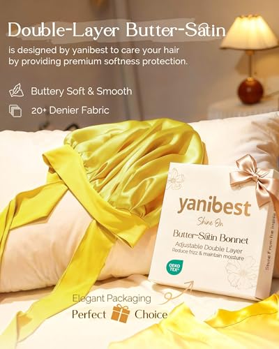 YANIBEST Adjustable Satin Bonnet for Sleeping Women Double Layer Hair Wrap Reduce Friction Prevent Frizz Natural Curly Hair - color: Yellow