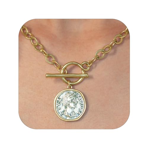 Chunky Gold Coin Pendant Necklace Trendy Layered Statement Chain for Women, Antique Toggle Design with Thick Link, Fashionable Necklaces for Women - color: Worn Gold/Sliver