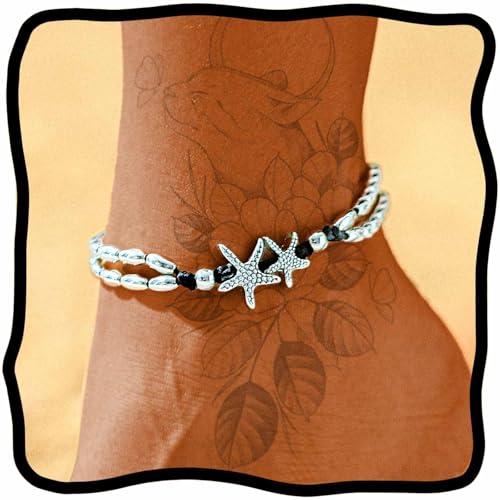 Beaded Anklets Bracelets Boho Handmade Turtle Starfish Whelk Shell Tree of Life String Ankle Bracelet Summer Beach Waterproof Barefoot Sandals Foot Jewelry for Women - color: Black