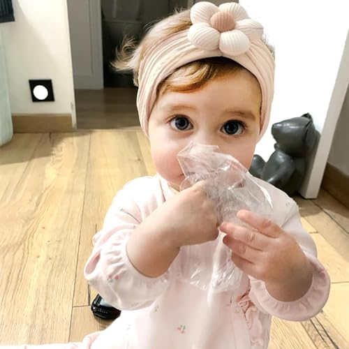 Baby-Girls Floral-Bows-Headband Baby-Turban-Knotted-Elastic-Soft-Headwrap for Newborn-Infant-Toddler Hair-Accessories - color: Khaki+Beige+Pink 3pcs