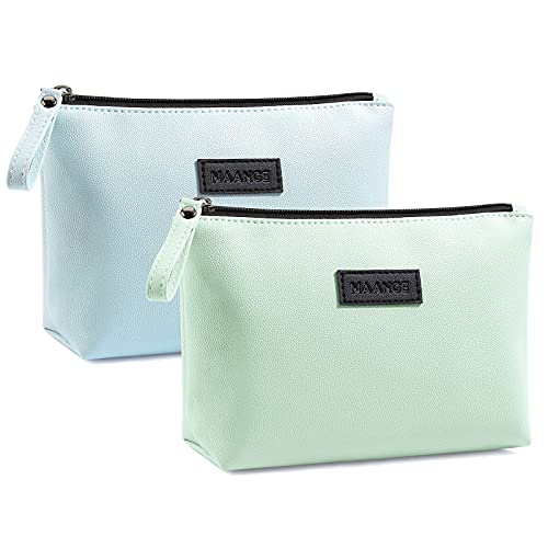 MAANGE Cosmetic Bags for Women Small Makeup Bag for Purse Pu Leather Makeup Pouch Travel Makeup Bag with Zipper Make Up Bag for Travelling - color: Blue + Green