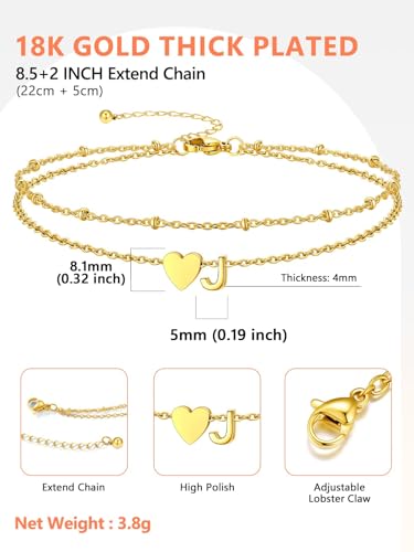 Silvora Ankle Bracelets for Women Waterproof 14K Gold/Silver/Black Initial Anklet for Women Dainty Layered Heart Ankle Bracelets Stainless Steel Adjustable Foot Chain Anklet Summer Beach Jewelry - color: Gold-14K Gold Plated, size: 10.J