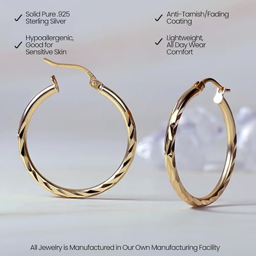 Hoops & Loops 925 Sterling Silver Diamond-Cut Hoop Earrings for Women, 2mm Textured Lightweight Click Top Hoops, 15mm 20mm 25mm 30mm, Silver 14k Yellow Gold & Rose Gold Flash Plated - color: Gold - 20mm (0.78'')