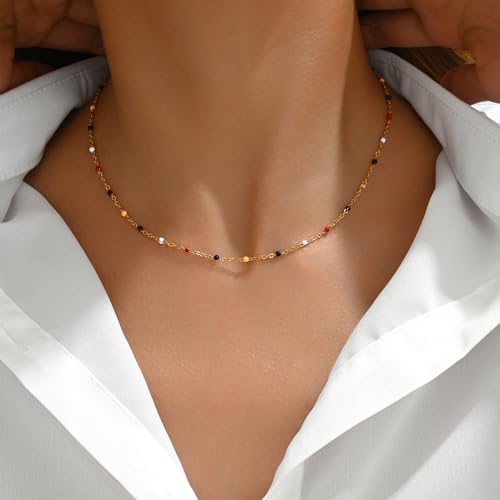 NONAMOIS Gold Chain Necklace for Women Dainty 18K Gold Plated Thin Satellite Beaded Turquoise Necklace Simple Layered Boho Jewelry Christmas Gifts - color: Colorful Beads-Gold