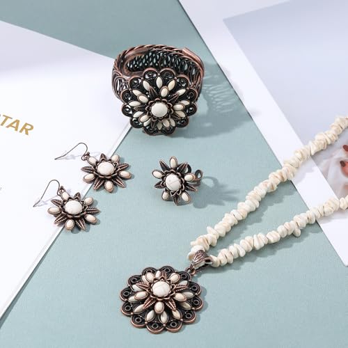4 PCS Western Turquoise Jewelry for Women Boho Vintage Navajo Pearl Necklace Earring Bracelet Ring Set Country Cowgirl Accessories for Gift - color: F-White