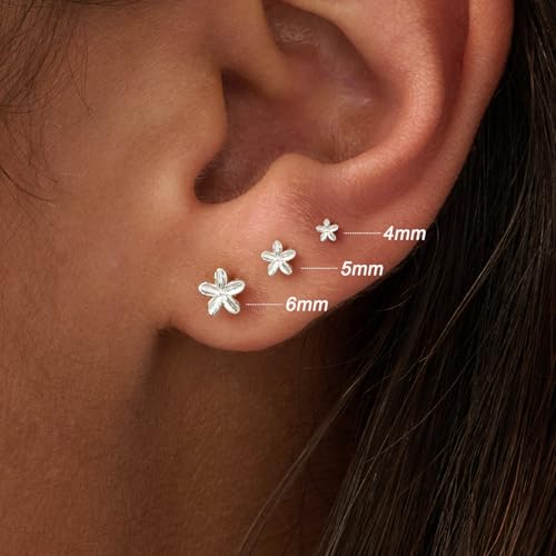 3 Pair Tiny Flat Back Earrings for Women - 14K Gold/White Gold Plated Dainty Cute Small Screw Flatback Stud Earring, Everyday Wear Gift - color: Flower Flat-4/5/6mm Silver