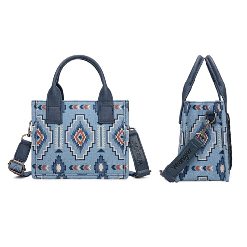 Wrangler Mini Aztec Tote Bag for Women Boho Small Top Handle Purse with Adjustable Strap - color: Boho Blue Jeans