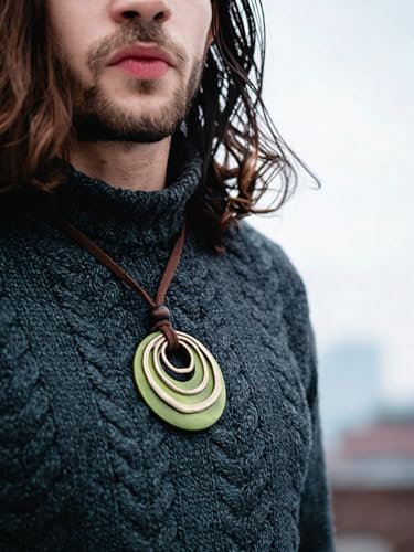 PU Leather Necklace Vintage Boho Style Multilayer Pendant Long Sweater Necklace Jewelry for Women Men with Adjustable Leather Cord - color: Green Wooden Pendant Necklaces