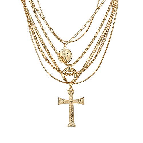 6PCS Layered Gold Necklaces for Women Trendy, 18K Gold Plated Cross Pendant Necklace Set, Vintage Chunky Gold Necklace Stack for Women Jewelry Gifts - style: 6PCS Layered Necklace Set