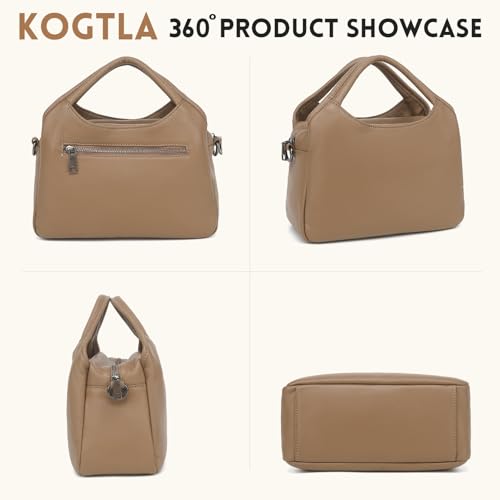 KOGTLA Medium Genuine Leather Purses for Women with Detachable Satchel Strap, Ladies Soft Handbags, Tote Hobo Bags - color: Khaki