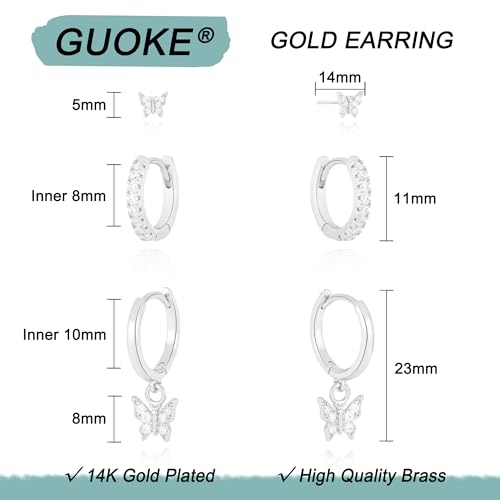 3 Pairs Small Earring Stacks, 14K Gold/Silver/Black/Rose Gold Plated Pearl Heart Butterfly Star Diamond Charm Drop Huggie Earrings Trendy Jewelry Gift for Women - color: Silver-Butterfly