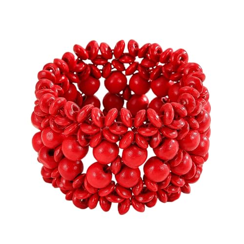 Boho Wide Chunky Colorful Wooden Thick Shell Elastic Stretch Bracelet Handmade Bohemia Summer Beach Vacation Adjustable Lightweight Wood Wristband Jewelry for Women - color: red