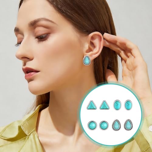 4 Pairs Western Turquoise Stud Earrings Set for Women, Bohemian Vintage Ear Studs (Oval, Round, Square), Statement Earrings Southwestern Cowgirl Jewelry Accessories Gifts