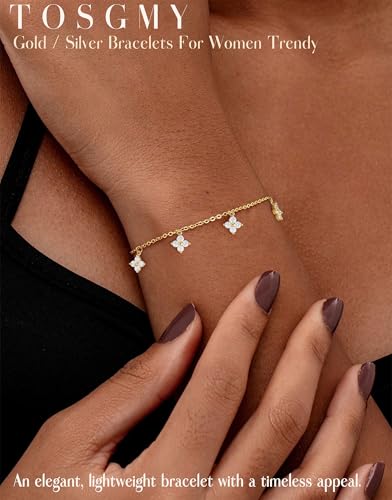 Dainty Silver Gold Bracelets for Women Trendy Non Tarnish 14K Gold Plated Cute Clover Bracelet Stackable Daisy Cubic Zirconia Diamond Charm Bracelet Stack Waterproof Jewelry Gifts - color: D- Charm Bracelet- Gold