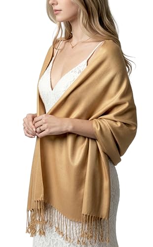 Achillea Lightweight Pashmina Scarf for Women – Soft Silky Shawl Wrap for Evening Dresses, Bridesmaids & Everyday Wear - color: Camel