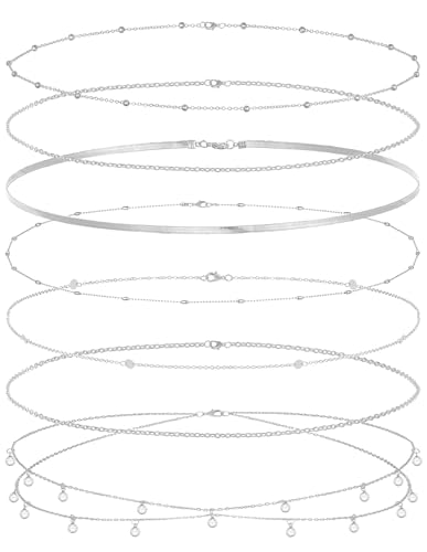 8Pcs Waist Chain 18K Gold Plated Belly Belt Chains Sexy Bikini Summer Beach Satellite Beaded Sequin Snake Layered Coin CZ Body Chain Jewelry Accessories for Women Gold Silver Tone Adjustable - color: Silver