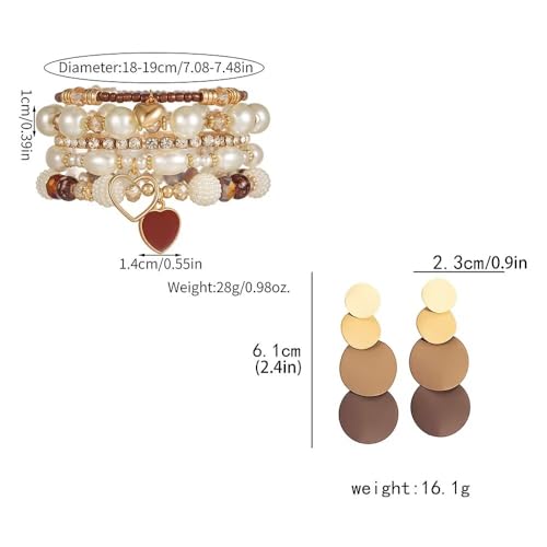 2 Pcs Western Jewelry for Women Bohemian Set, Boho Stackable Beaded Bracelets Vintage Round Disc Drop Earrings Stretch Brown Faux Pearl Heart Crystal Stretchy Bangles Prom