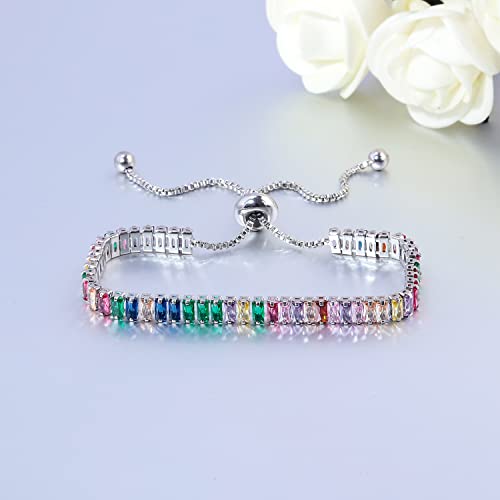 CiNily Adjustable Tennis Bracelets for Women Teen Girls Rainbow Cubic Zirconia Bracelet 14K White Gold Plated Hypoallergenic Slider Bracelet Jewelry Gift - color: Adjustable-Square White Gold