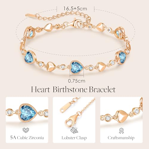 925 Sterling Silver Birthstone Heart Bracelet Jewelry Gift for Women | Rose Gold Plated Bracelets,Hypoallergenic,Adjustable Chain Personalized Anniversary Christmas Jewelry Gift for Mom Wife - color: Rose Gold-03-Mar