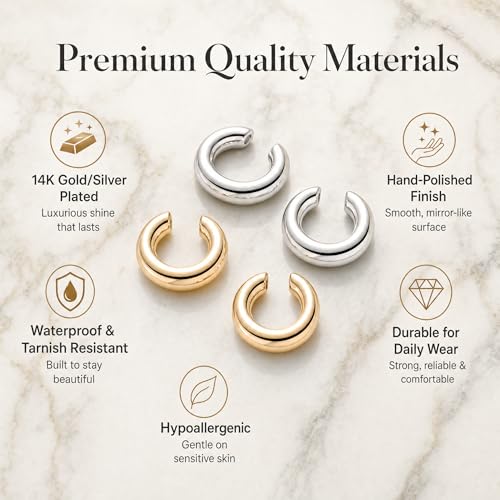 2 Pairs Ear Cuff Earrings for Women Chunky Gold Huggie Ear Cuff Silver Cartilage Cuff Earrings for Women Non Piercing Small Thick Round Fake Earring Cuff Trendy Jewelry Gift - style: Irregular 18K Gold+Silver
