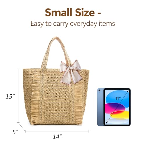 Peicees Straw Woven Bag for Women- Beach Tote Purse with Leak-Proof Lining Summer Travel Vacation Boho Shoulder Bag Large 17L - color: Beige
