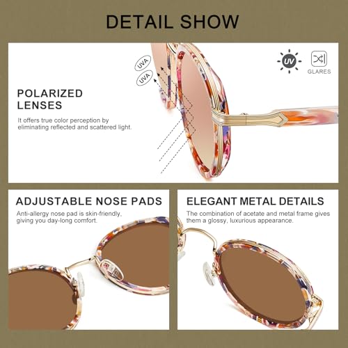 CARFIA Retro Round Sunglasses for Women Polarized UV Protection, Durable Acetate-Metal Frame Designer Eyewear CA1951 - color: 3. Flower Tortoiseshell Frame + Pink Mirrored Lens