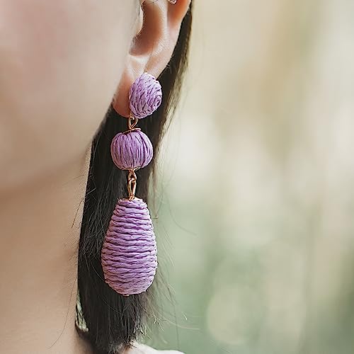 Boho Raffia Earrings Statement Dangle Earrings Cute Teardrop Ball Earrings Colorful Summer Jewelry Handmade Rattan Earrings for Women - color: Purple
