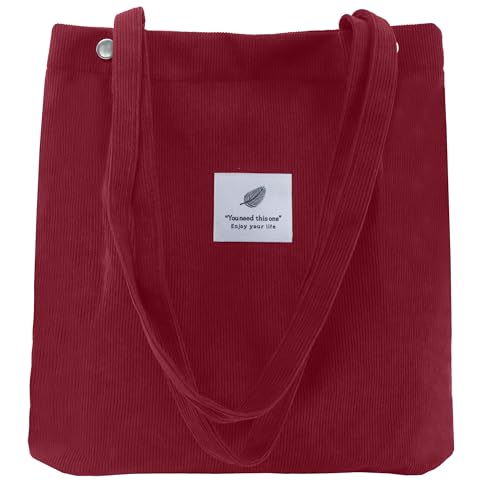 Corduroy Tote Bag for Women Small Canvas Shoulder Purse Cord Handy Bag with Inner Pocket | with Front Pocket - color: 02 Red